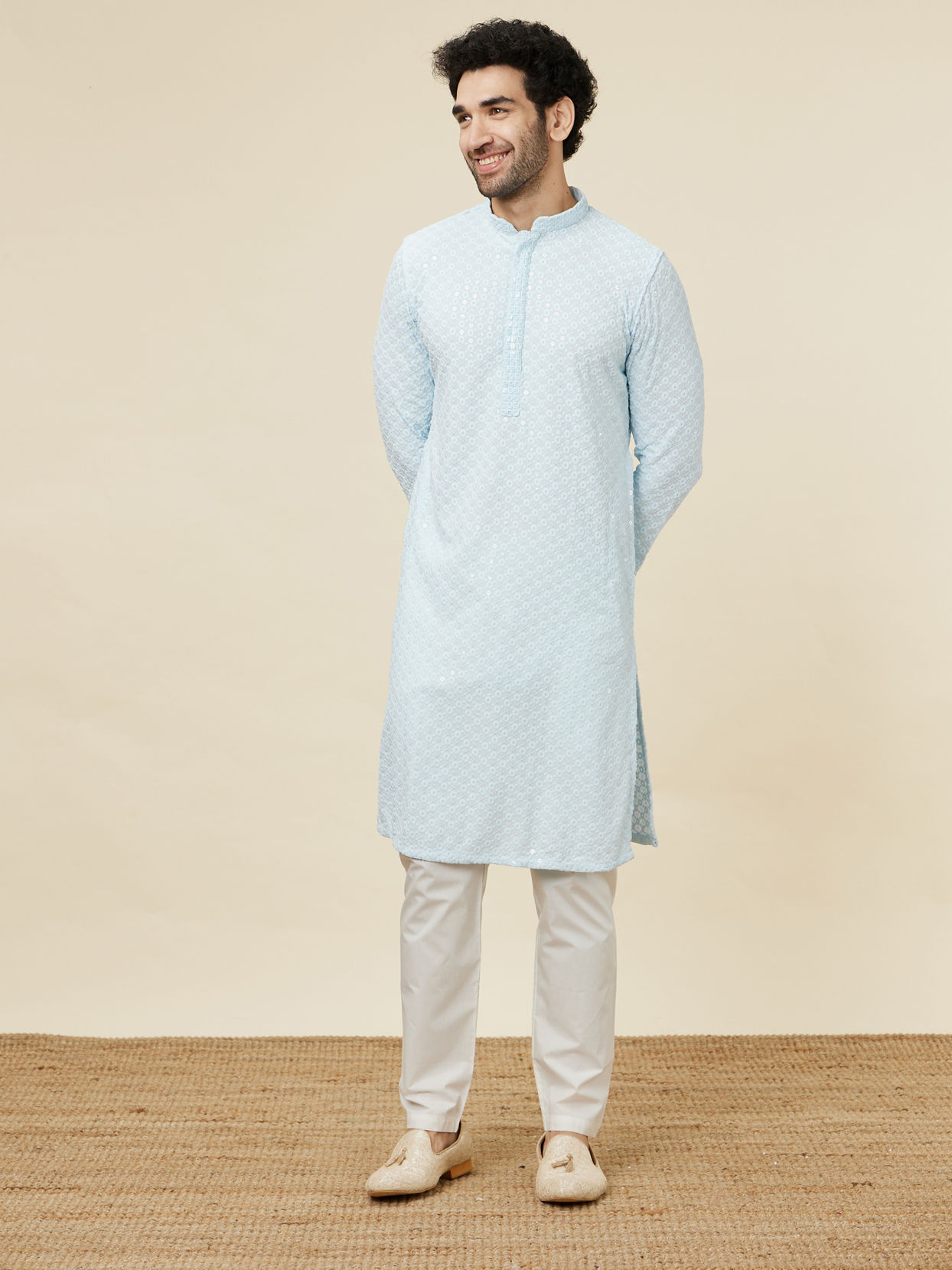 alt message - Manyavar Men Powder Blue Sequin Embellished Chikankari Kurta Set image number 2