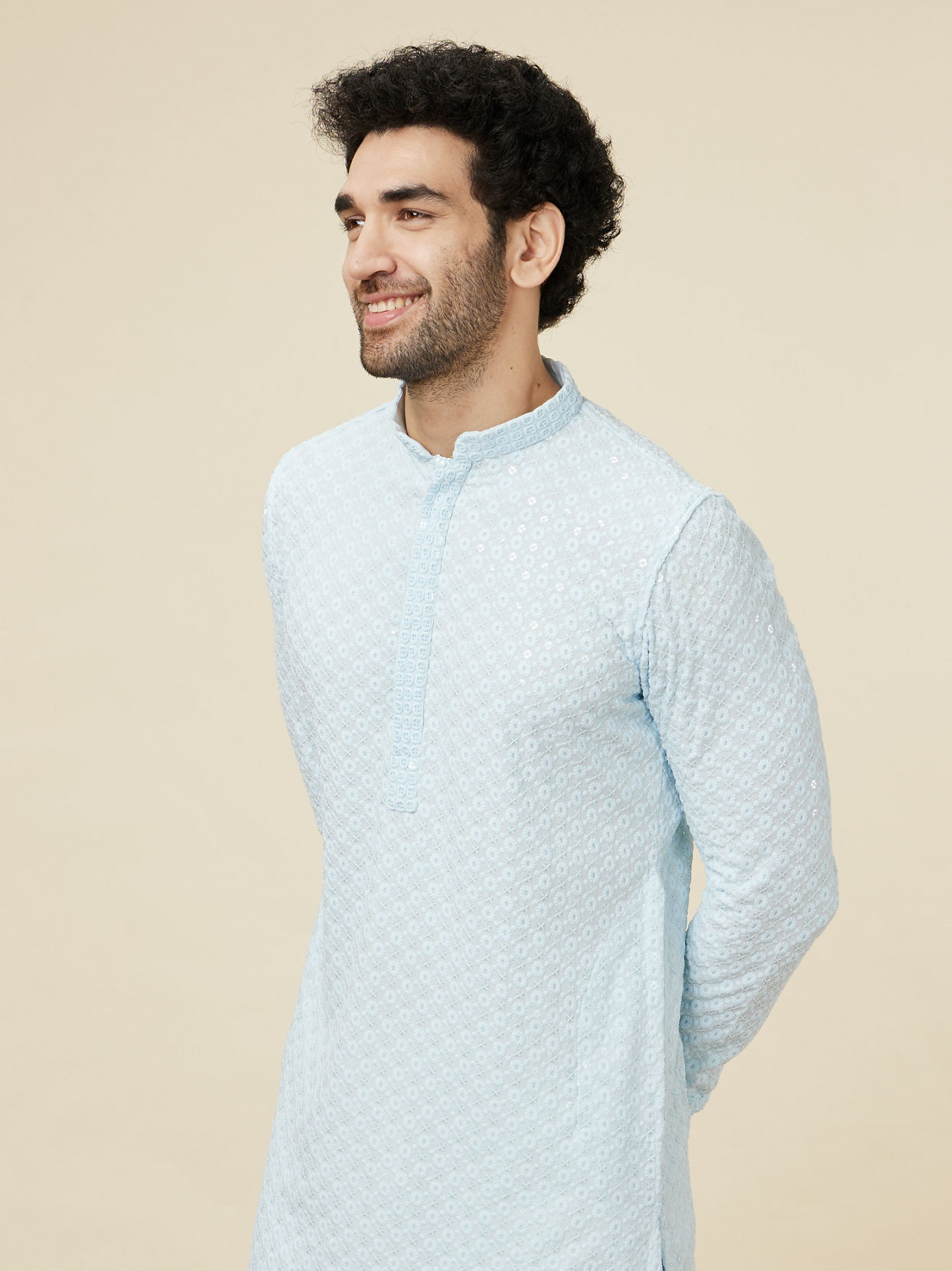 Manyavar Men Powder Blue Sequin Embellished Chikankari Kurta Set
