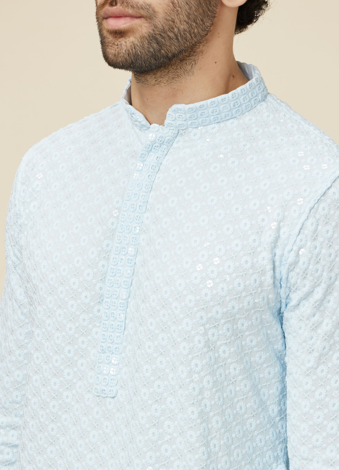 Manyavar Men Powder Blue Sequin Embellished Chikankari Kurta Set