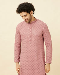 alt message - Manyavar Men Quartz Pink Floral Chikankari Embroidered Kurta Set image number 0