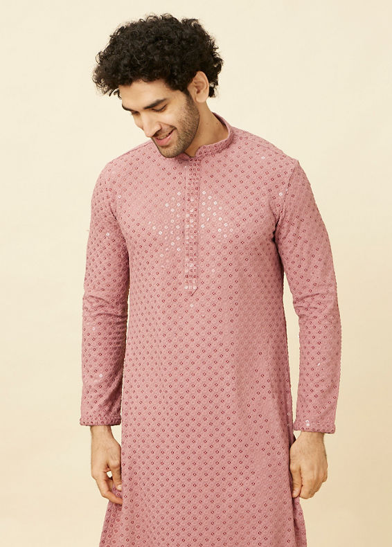 Manyavar Men Quartz Pink Floral Chikankari Embroidered Kurta Set