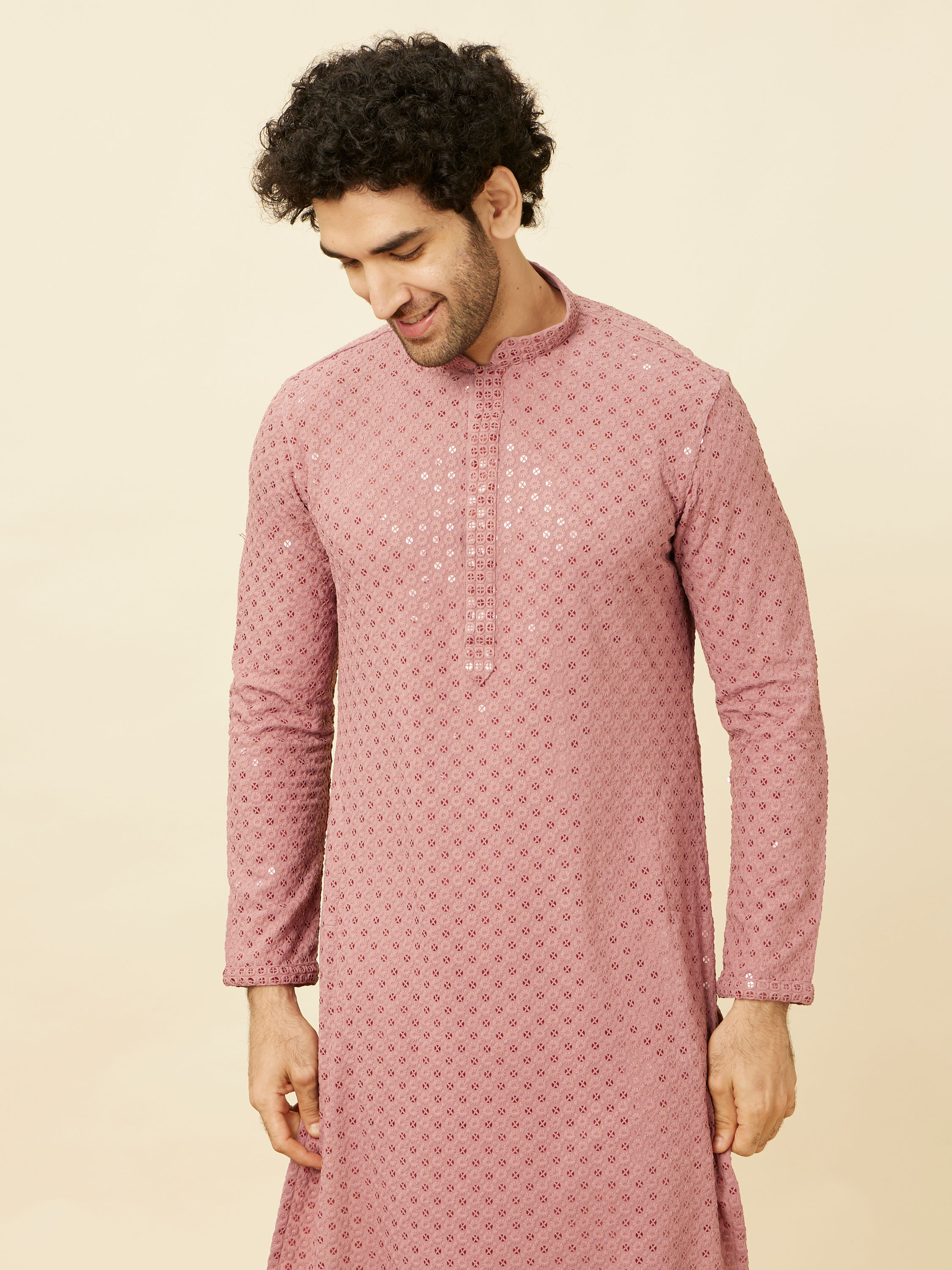 Manyavar Men Quartz Pink Floral Chikankari Embroidered Kurta Set