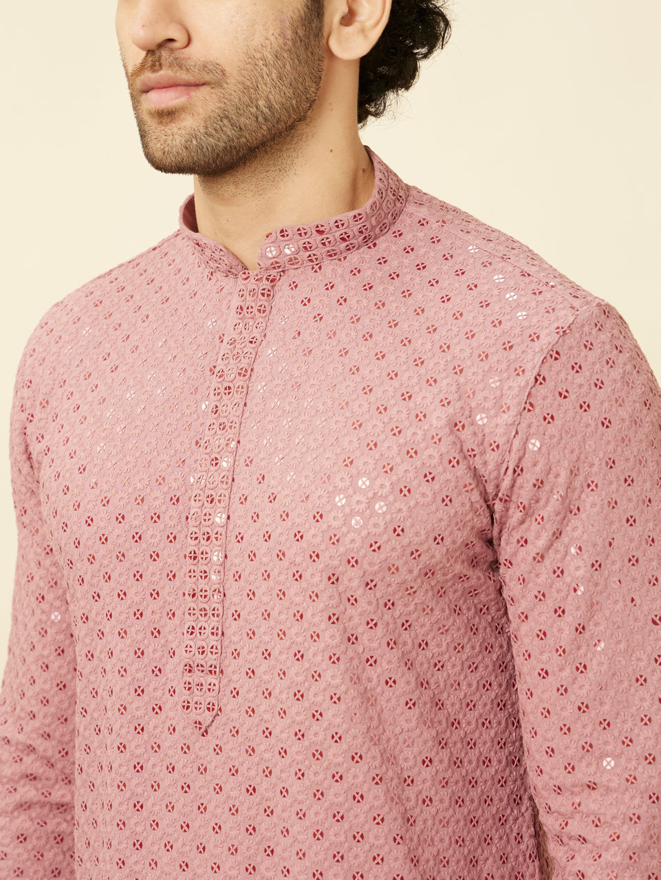 Manyavar Men Quartz Pink Floral Chikankari Embroidered Kurta Set