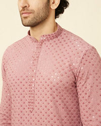 alt message - Manyavar Men Quartz Pink Floral Chikankari Embroidered Kurta Set image number 1