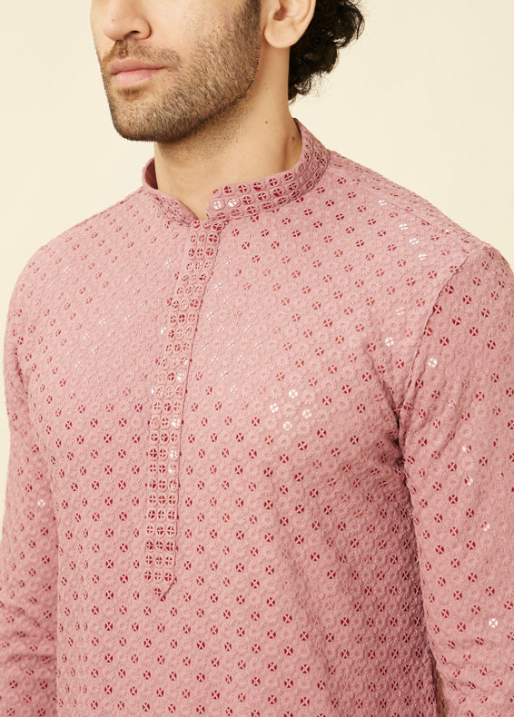 Manyavar Men Quartz Pink Floral Chikankari Embroidered Kurta Set