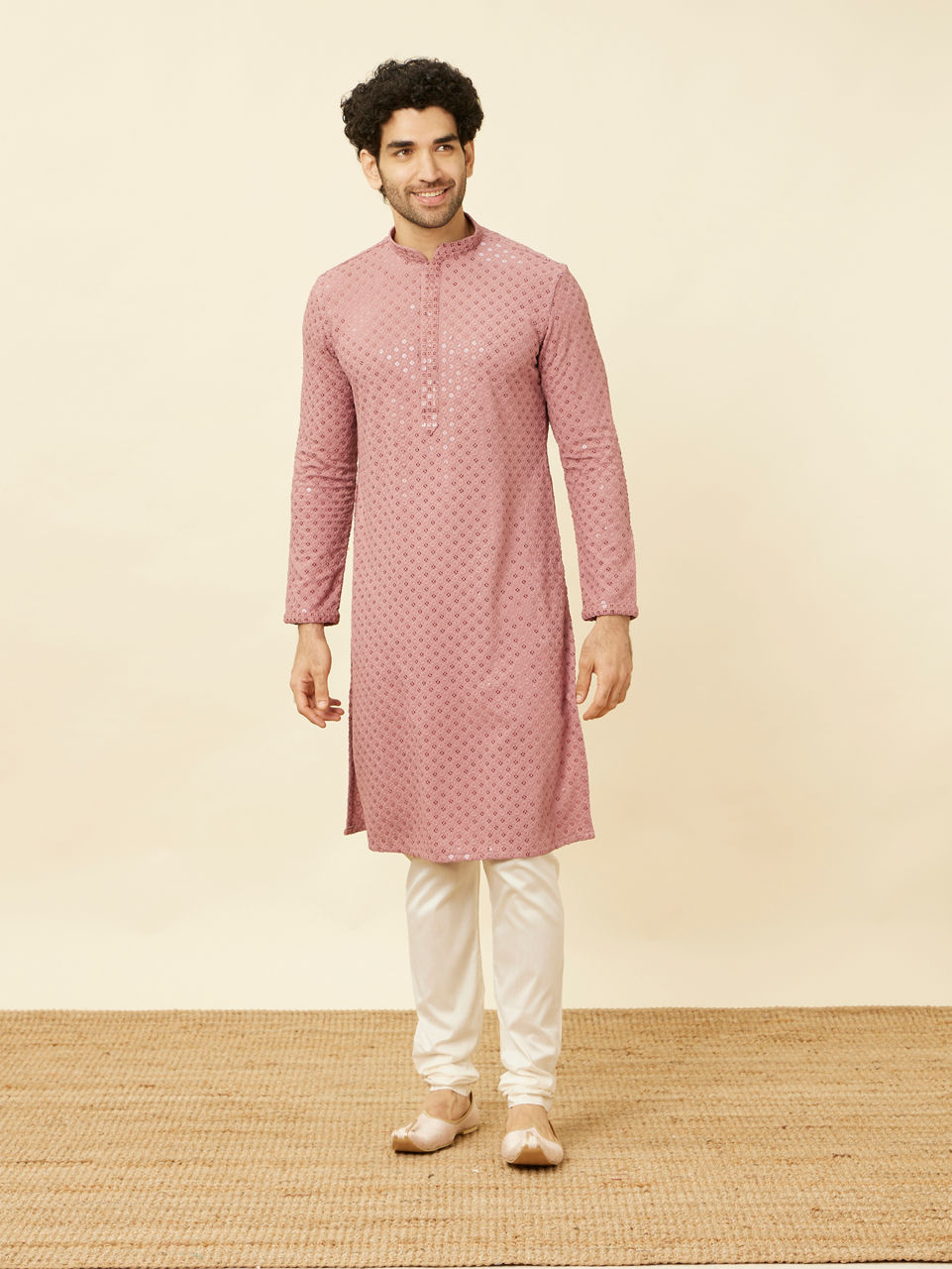 Manyavar Men Quartz Pink Floral Chikankari Embroidered Kurta Set