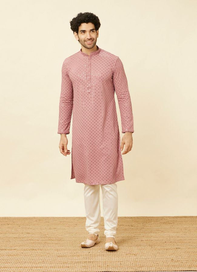 Manyavar Men Quartz Pink Floral Chikankari Embroidered Kurta Set