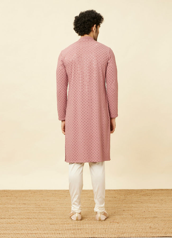 alt message - Manyavar Men Quartz Pink Floral Chikankari Embroidered Kurta Set image number 5