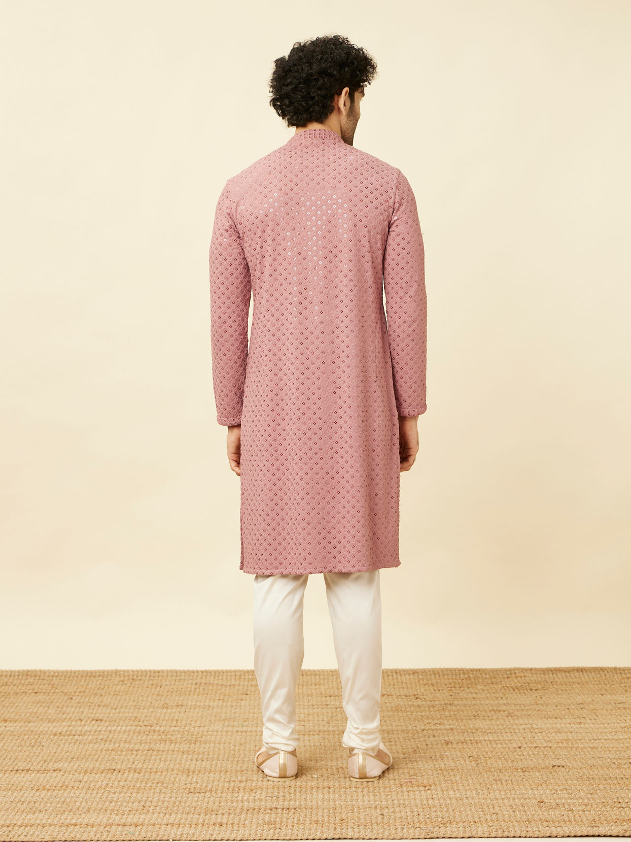 Manyavar Men Quartz Pink Floral Chikankari Embroidered Kurta Set