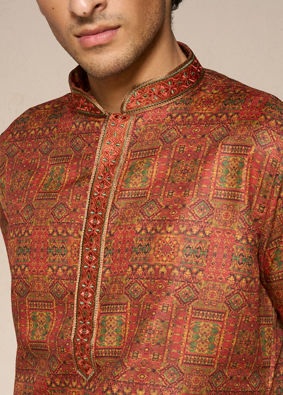 Manyavar Men Rust Red Multi coloured Printed Kurta Set