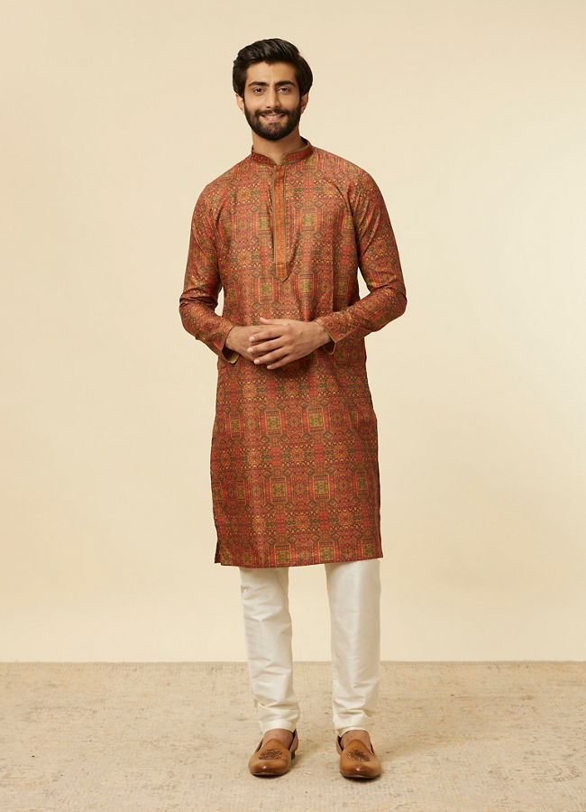 Manyavar Men Rust Red Multi coloured Printed Kurta Set