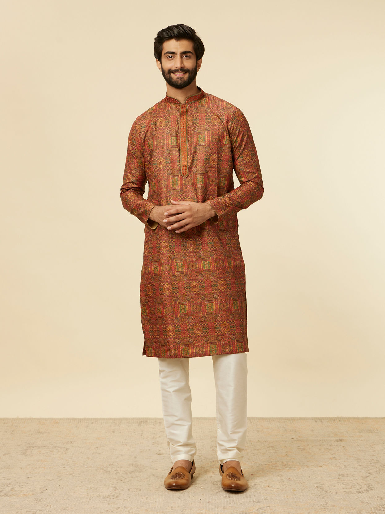 alt message - Manyavar Men Rust Red Multi-coloured Printed Kurta Set image number 2