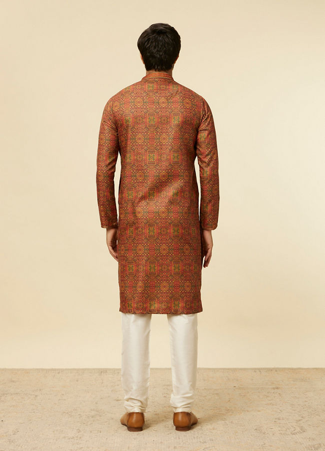 Manyavar Men Rust Red Multi coloured Printed Kurta Set