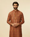 alt message - Manyavar Men Rust Red Multi-coloured Printed Kurta Set image number 0