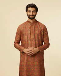 Manyavar Men Rust Red Multi coloured Printed Kurta Set