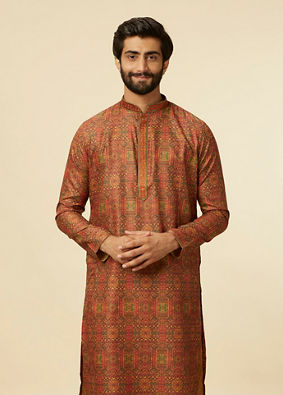 Manyavar Men Rust Red Multi coloured Printed Kurta Set