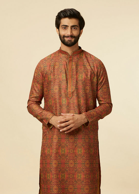 Manyavar Men Rust Red Multi coloured Printed Kurta Set