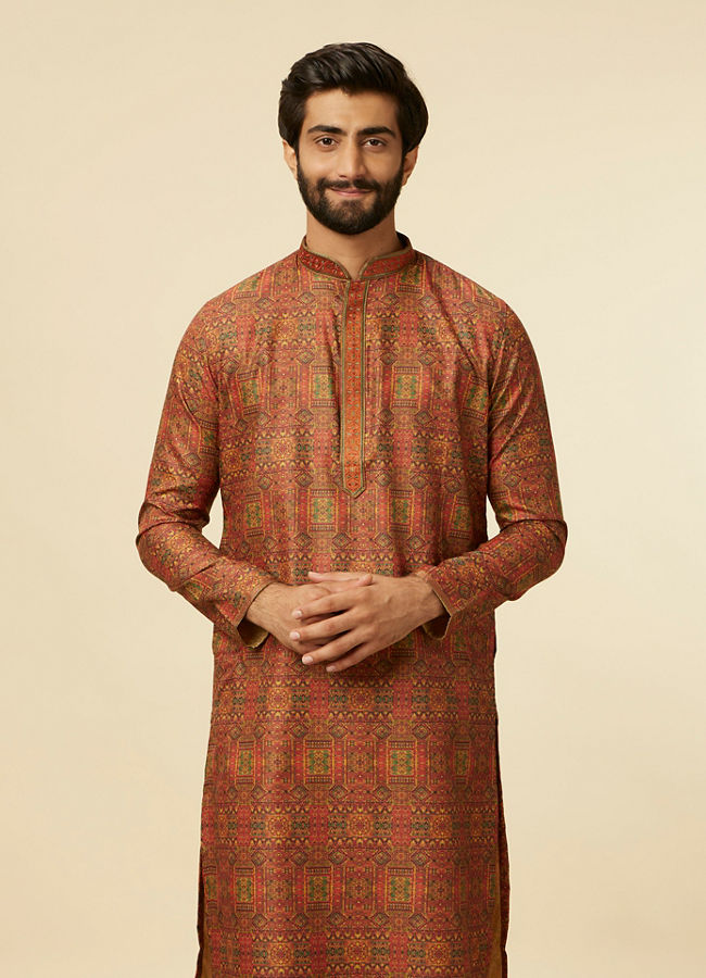 alt message - Manyavar Men Rust Red Multi-coloured Printed Kurta Set image number 0