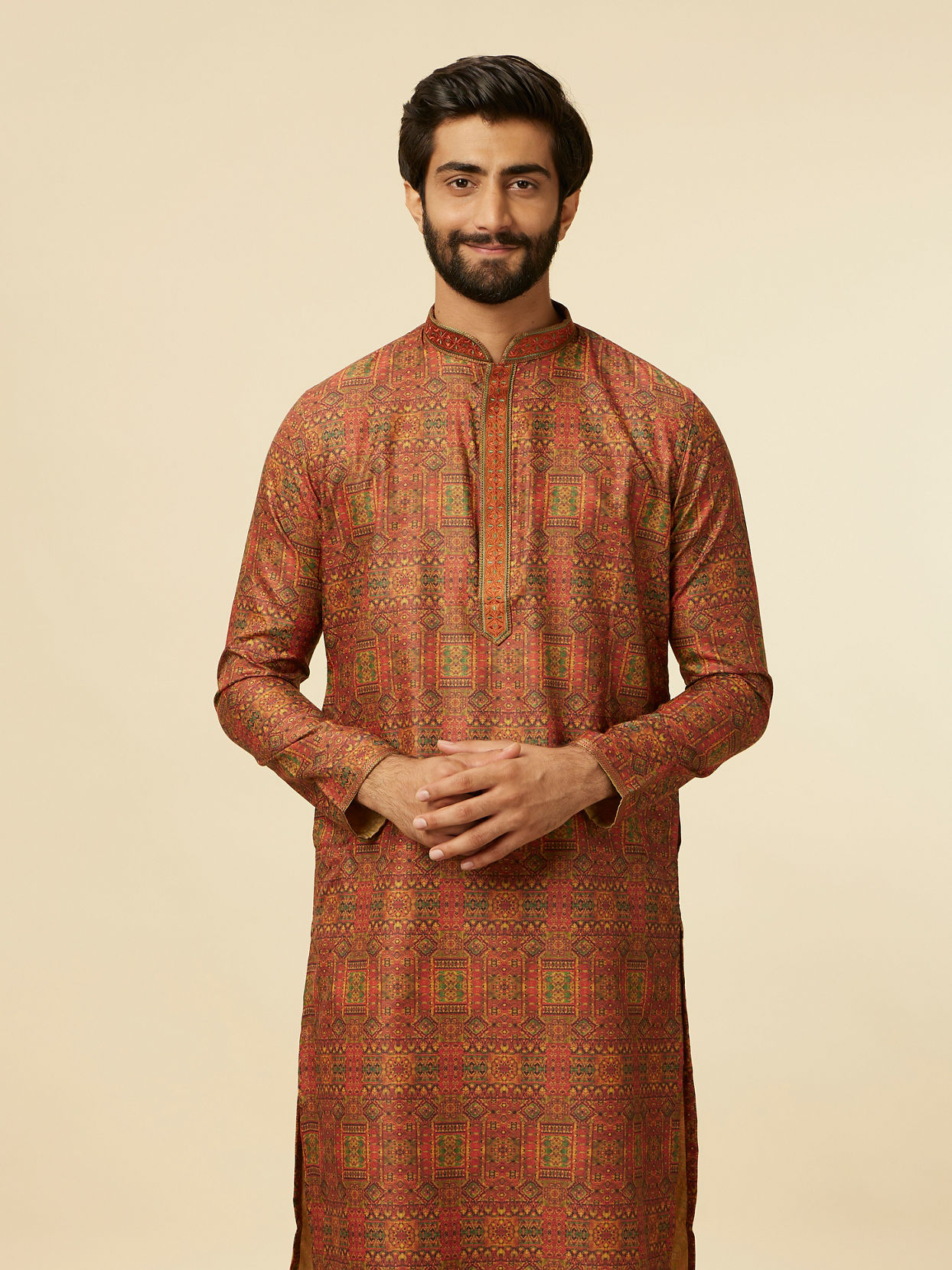 alt message - Manyavar Men Rust Red Multi-coloured Printed Kurta Set image number 0