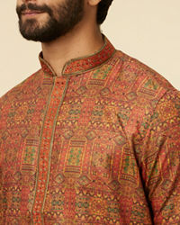 Manyavar Men Rust Red Multi coloured Printed Kurta Set