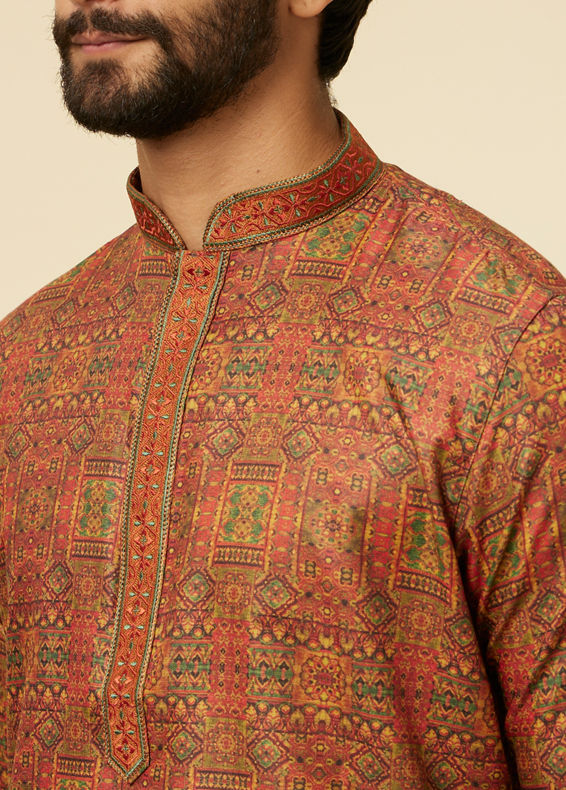 Manyavar Men Rust Red Multi coloured Printed Kurta Set