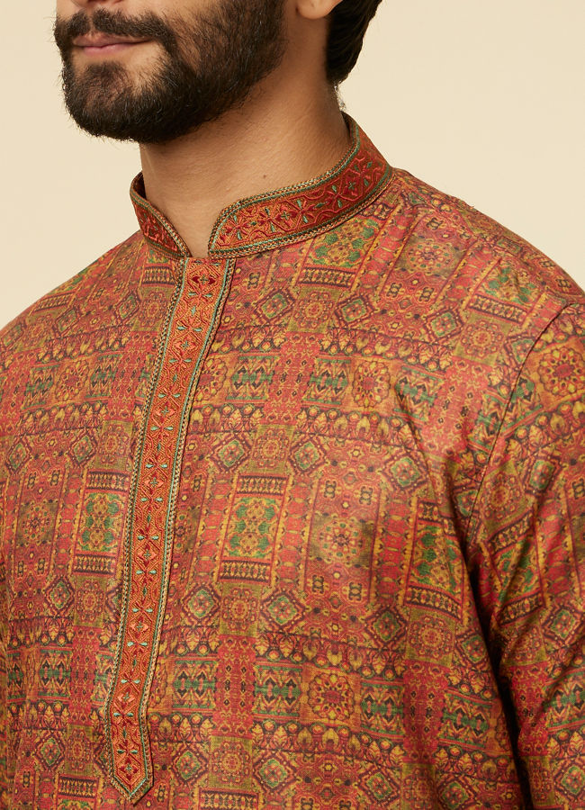 alt message - Manyavar Men Rust Red Multi-coloured Printed Kurta Set image number 1