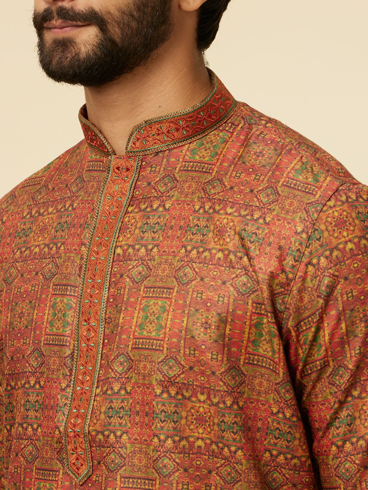 alt message - Manyavar Men Rust Red Multi-coloured Printed Kurta Set image number 1