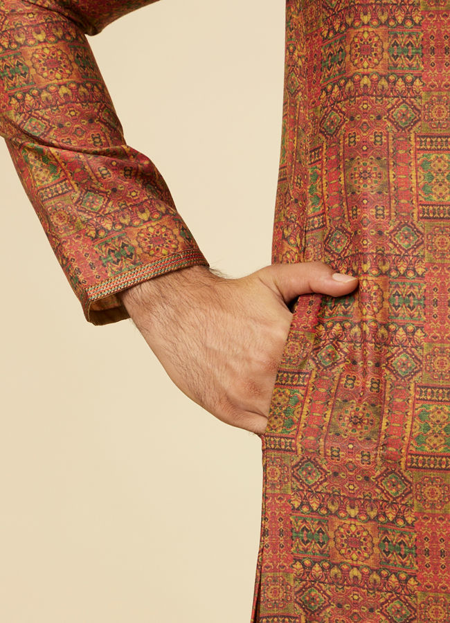 Manyavar Men Rust Red Multi coloured Printed Kurta Set