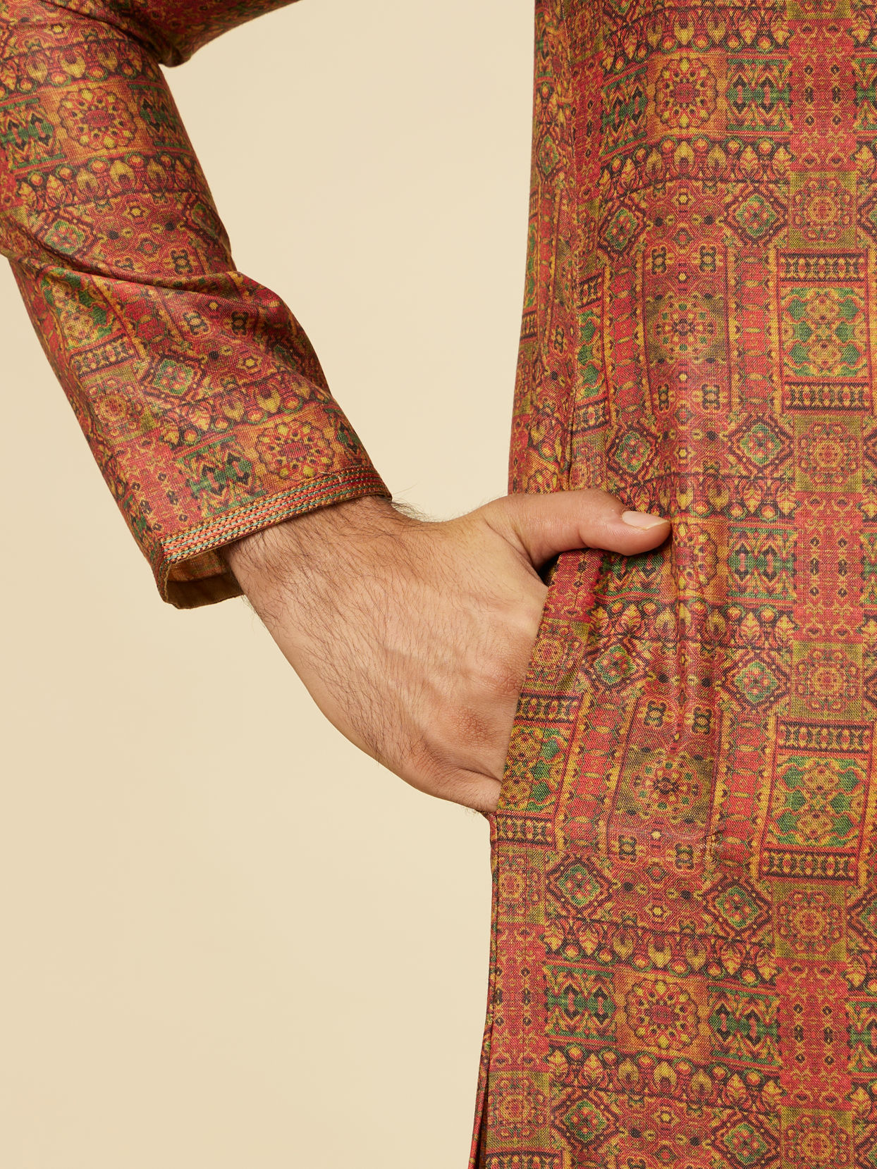 Manyavar Men Rust Red Multi coloured Printed Kurta Set