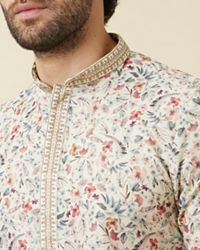 Manyavar Men Pristine White Floral Printed Kurta Set