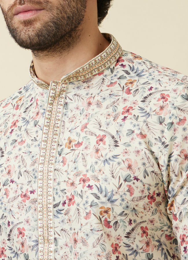 Manyavar Men Pristine White Floral Printed Kurta Set image number 1