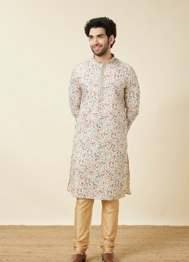 Manyavar Men Pristine White Floral Printed Kurta Set image number 2