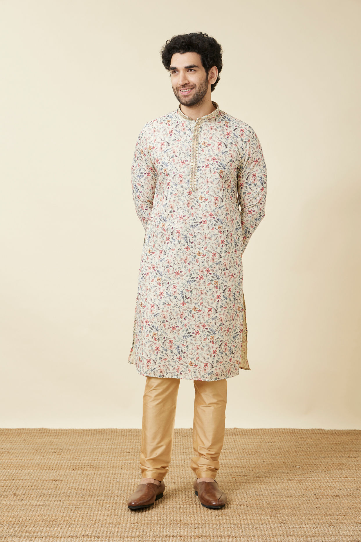 Manyavar Men Pristine White Floral Printed Kurta Set