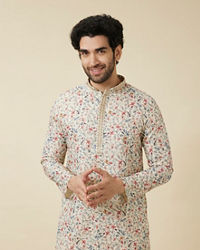 Manyavar Men Pristine White Floral Printed Kurta Set