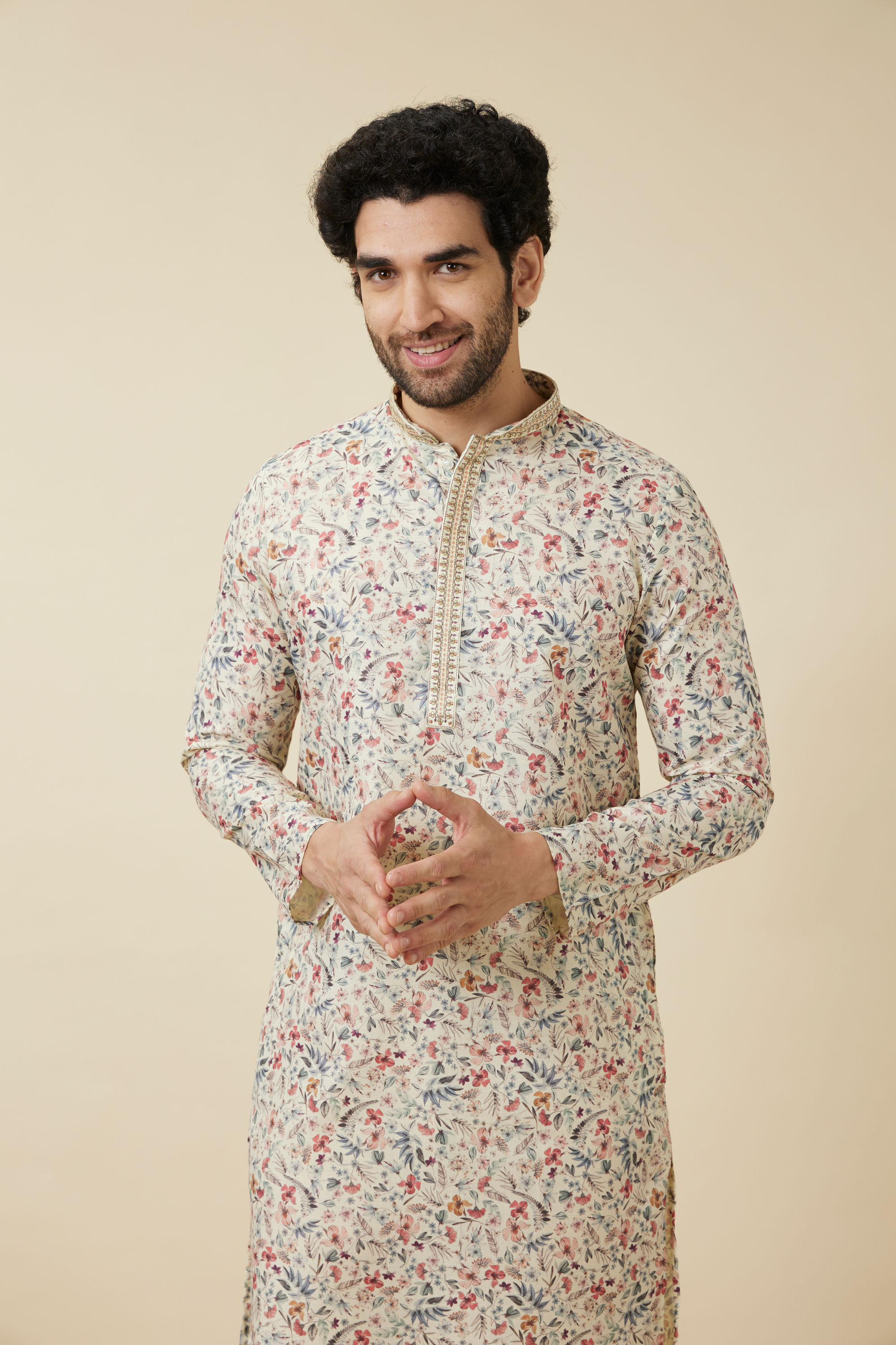 Manyavar Men Pristine White Floral Printed Kurta Set