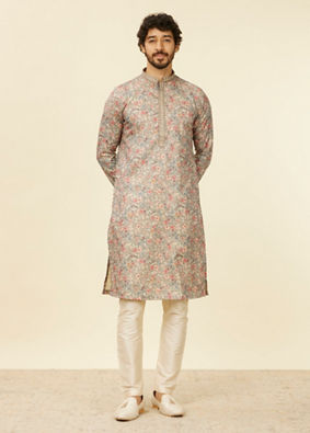 Manyavar Men Dark Grey Floral Printed Kurta Set image number 2