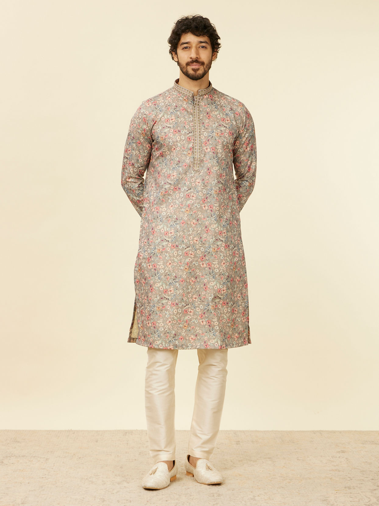 Manyavar Men Dark Grey Floral Printed Kurta Set