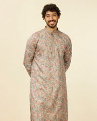 Manyavar Men Dark Grey Floral Printed Kurta Set