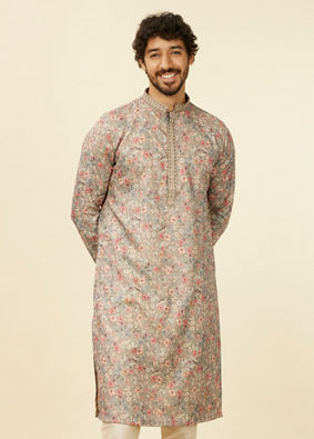 alt message - Manyavar Men Dark Grey Floral Printed Kurta Set image number 0