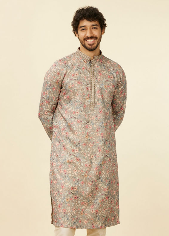 Manyavar Men Dark Grey Floral Printed Kurta Set