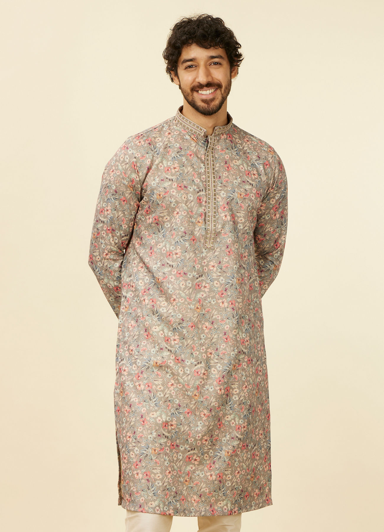 Manyavar Men Dark Grey Floral Printed Kurta Set