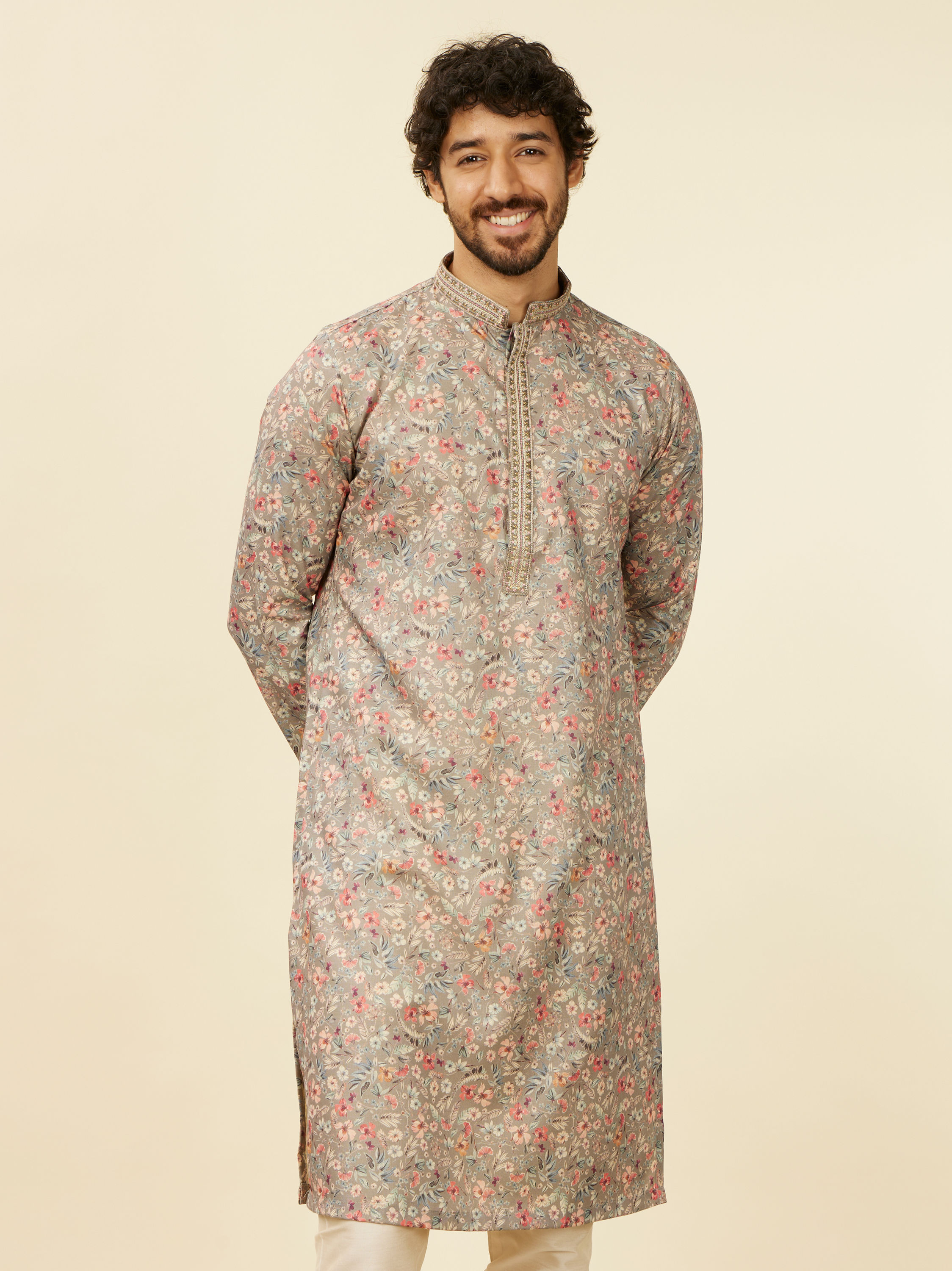 Manyavar Men Dark Grey Floral Printed Kurta Set