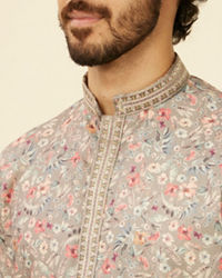 Manyavar Men Dark Grey Floral Printed Kurta Set