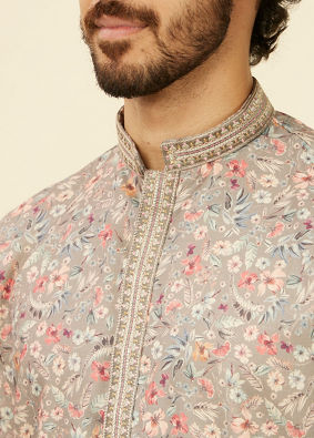 alt message - Manyavar Men Dark Grey Floral Printed Kurta Set image number 1