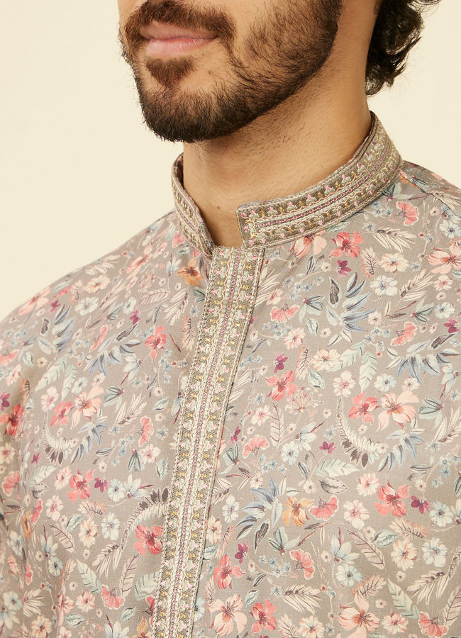 alt message - Manyavar Men Dark Grey Floral Printed Kurta Set image number 1