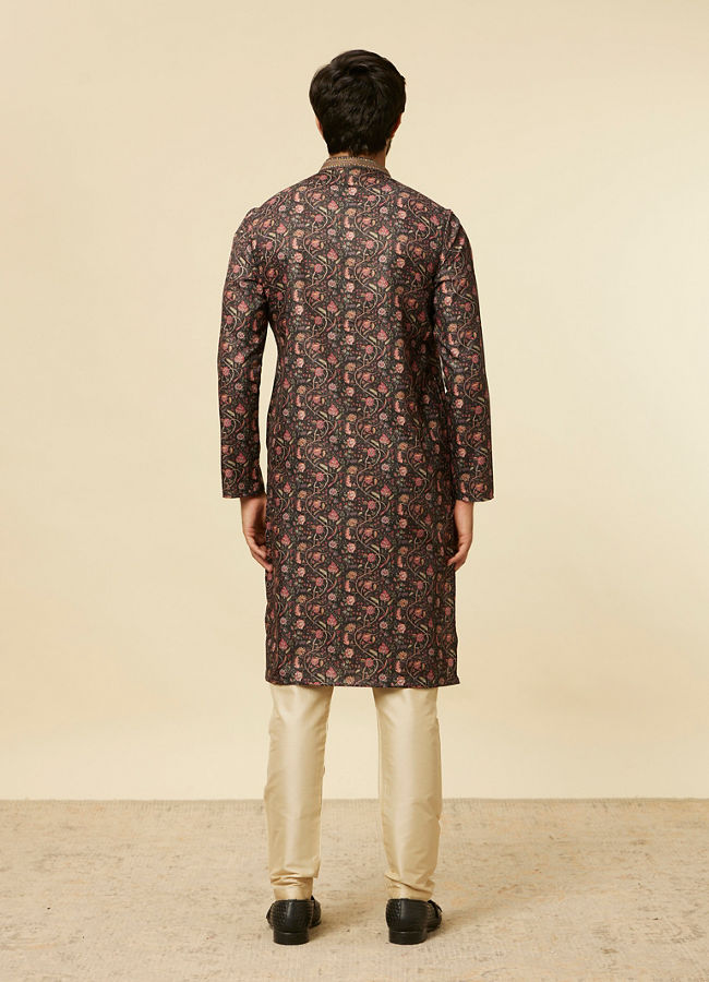 Manyavar Men Kohl Black Bel Butti Patterned Kurta Set