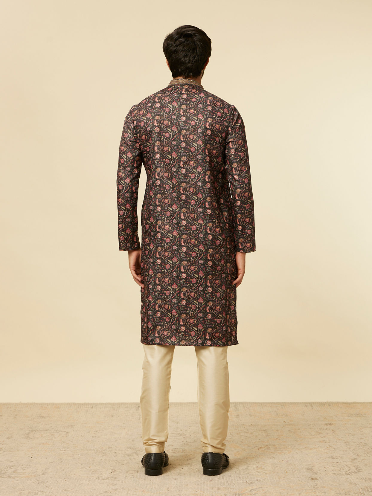 Manyavar Men Kohl Black Bel Butti Patterned Kurta Set