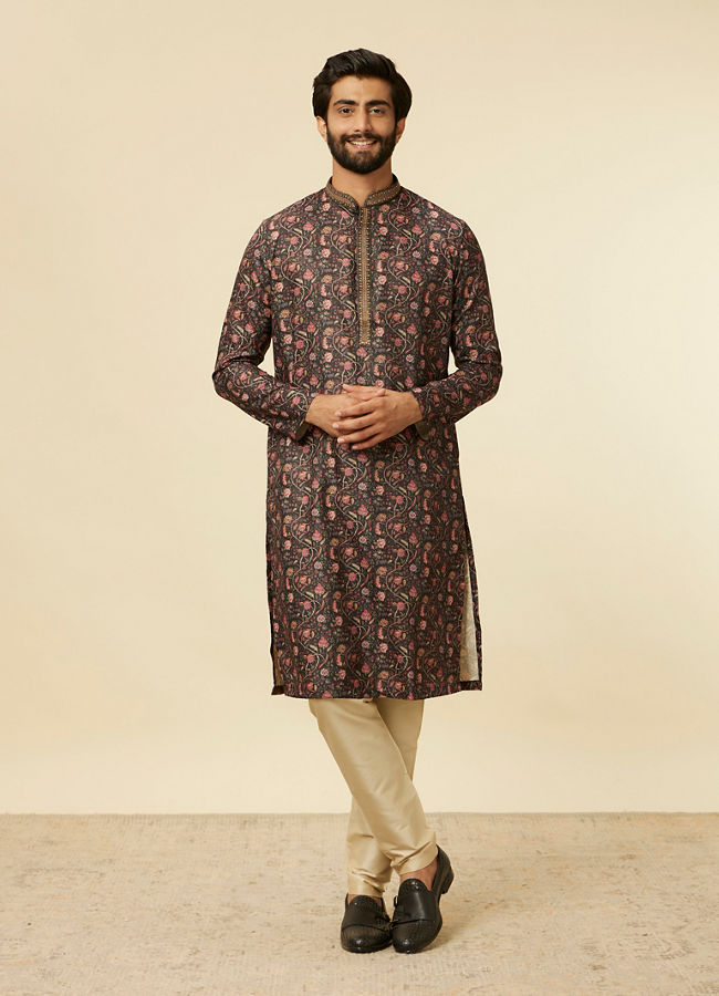 Manyavar Men Kohl Black Bel Butti Patterned Kurta Set