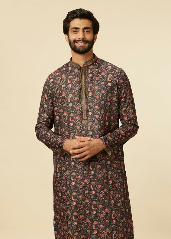 Manyavar Men Kohl Black Bel Butti Patterned Kurta Set