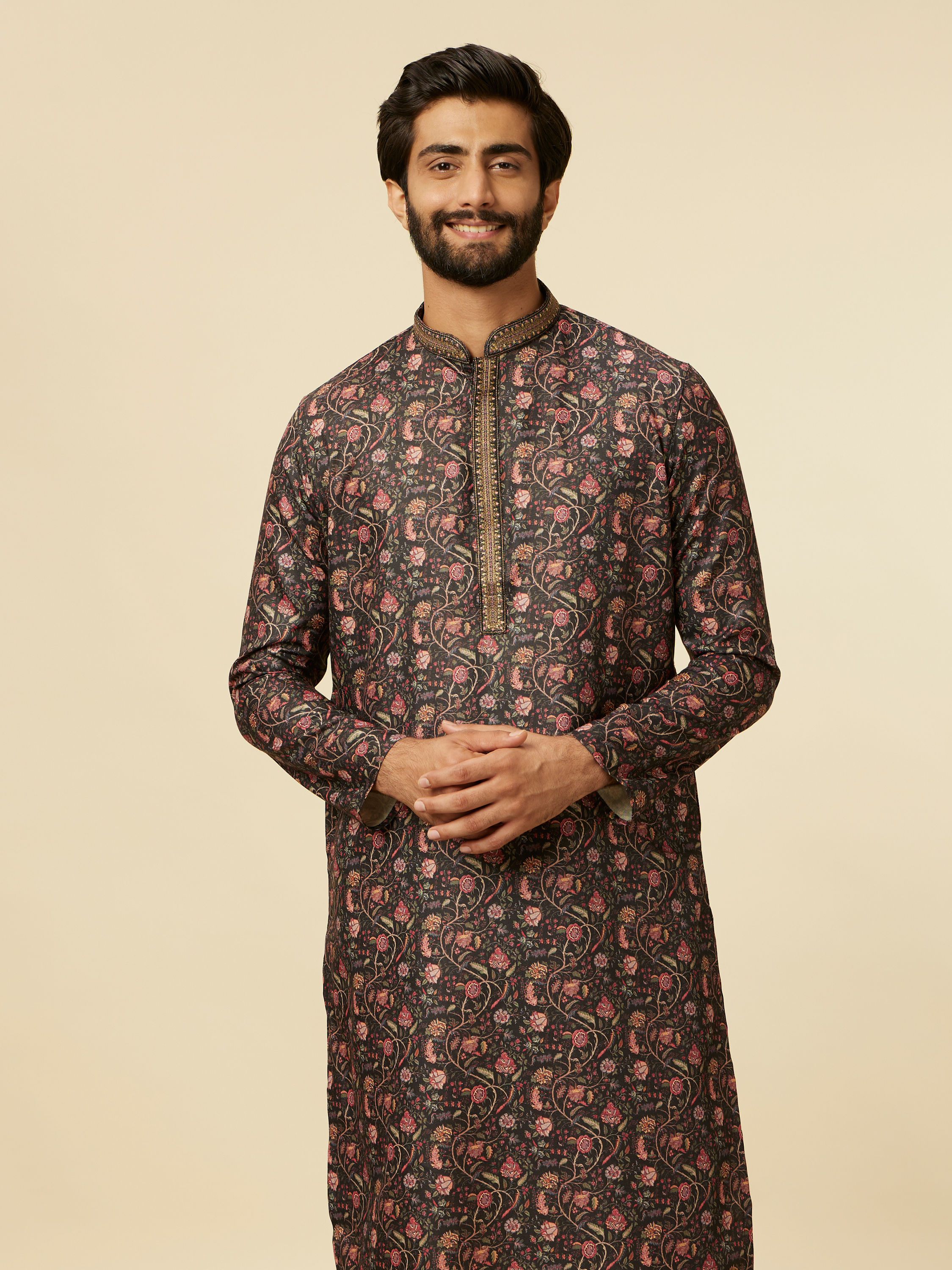 Manyavar Men Kohl Black Bel Butti Patterned Kurta Set